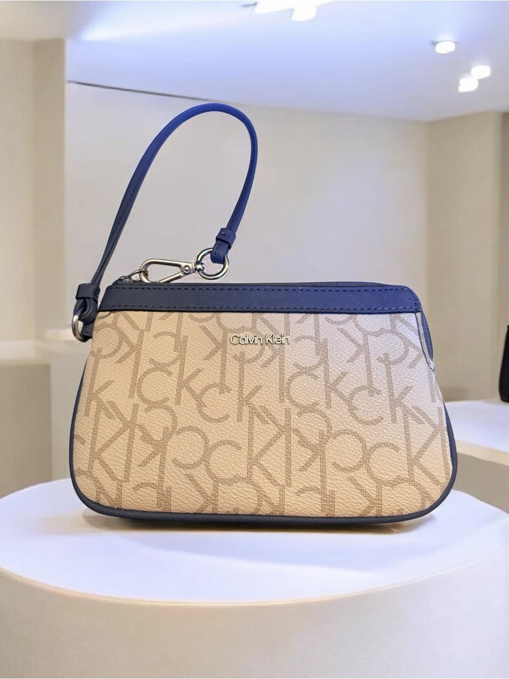 Calvin Klein Signature Hunter Combo Wristlet Clutch Cream Blue CK Monogram (EUC)